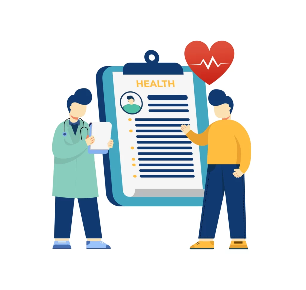 illustration of a doctor and a patient, they appear to be discussing a report that the doctor is holding. Behind the two is a large health report on a clipboard and a heart.