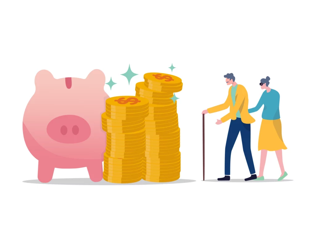 an illustrated elderly couple walking toward an oversized piggy bank standing next to stacks of gold coins