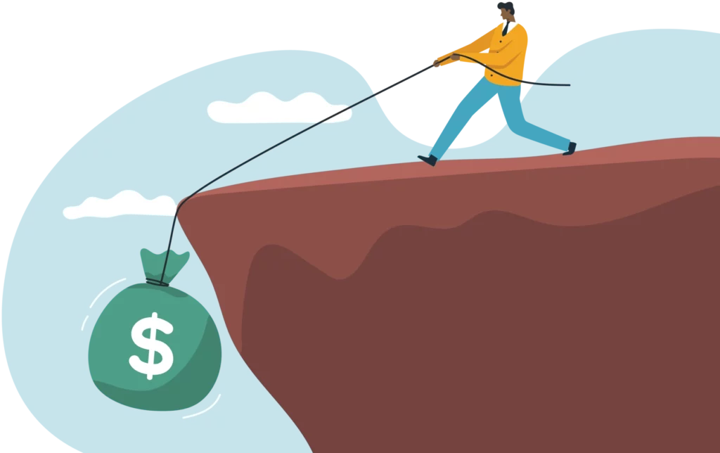 an illustration of a man standing on a cliff, pulling a bag of money over the cliff